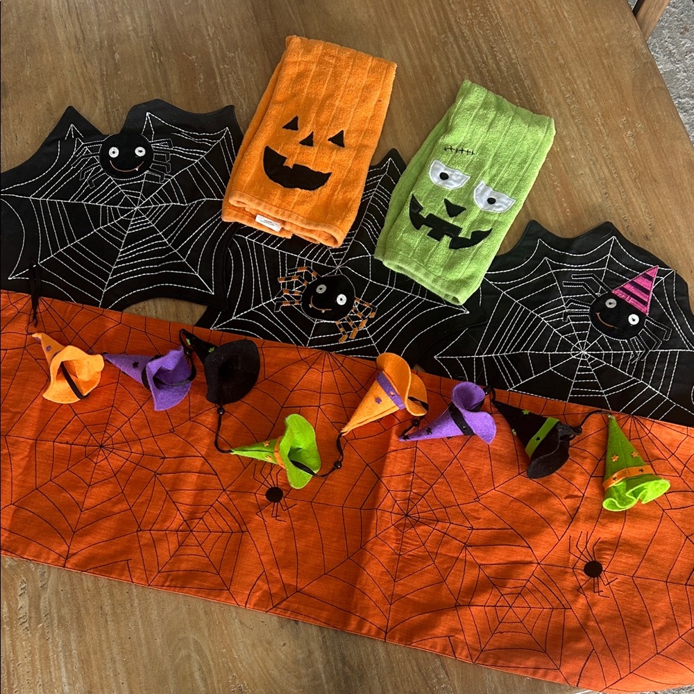 Halloween Bundle 2 Table Runners, 2 Hand Towels,‎ 1 Witch Hat Garland